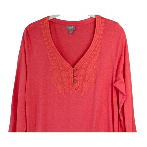 J. Jill Women's Long Sleeve Embroidered Three Button Cotton Coral Tee Top Size L - Picture 3 of 7